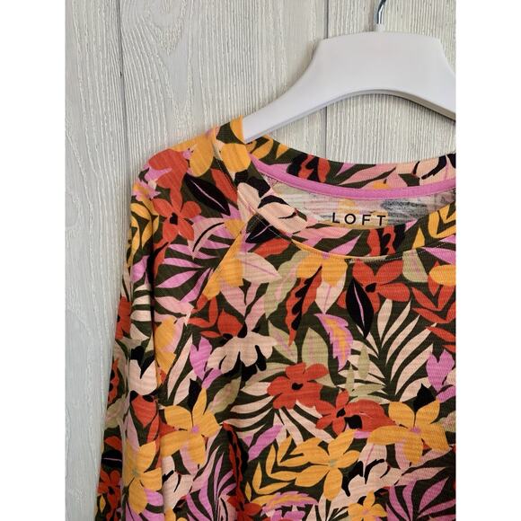 LOFT Tropical Sweatshirt Floral 3/4 Puff Sleeve Orange Medium - Picture 3 of 7